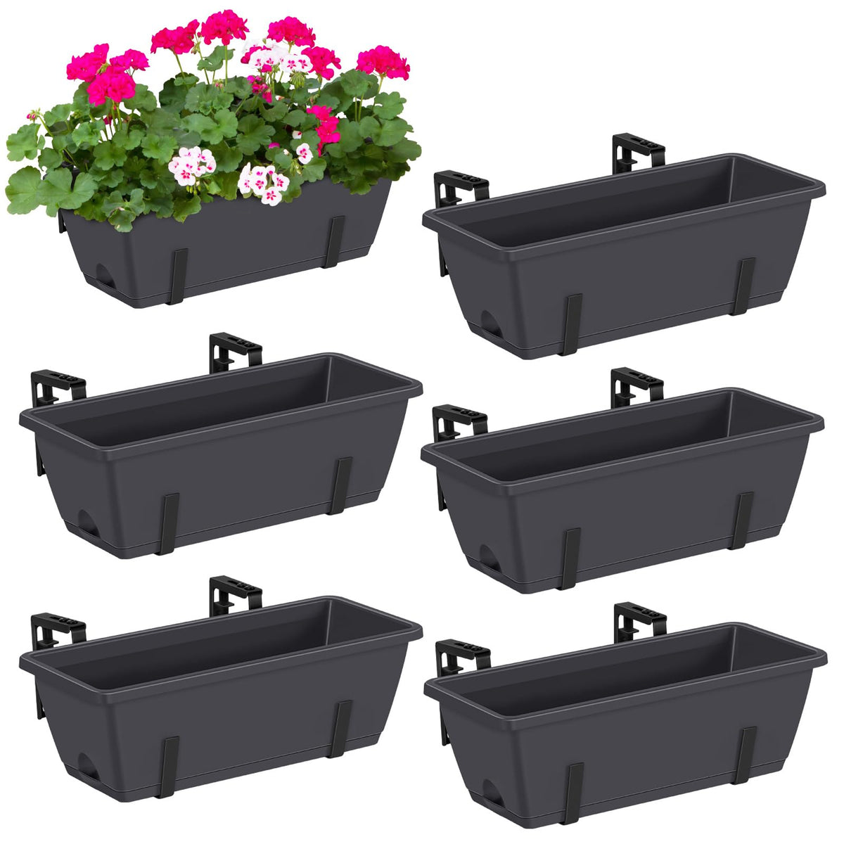 CADUKE railing planter boxes assembly view with adjustable brackets on rails.