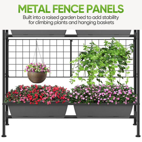 CADUKE raised planter box trellis shows vertical support for climbing plants.