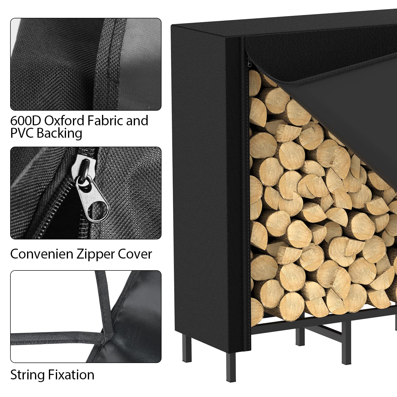 CADUKE waterproof PVC-backed cover protects wood storage
