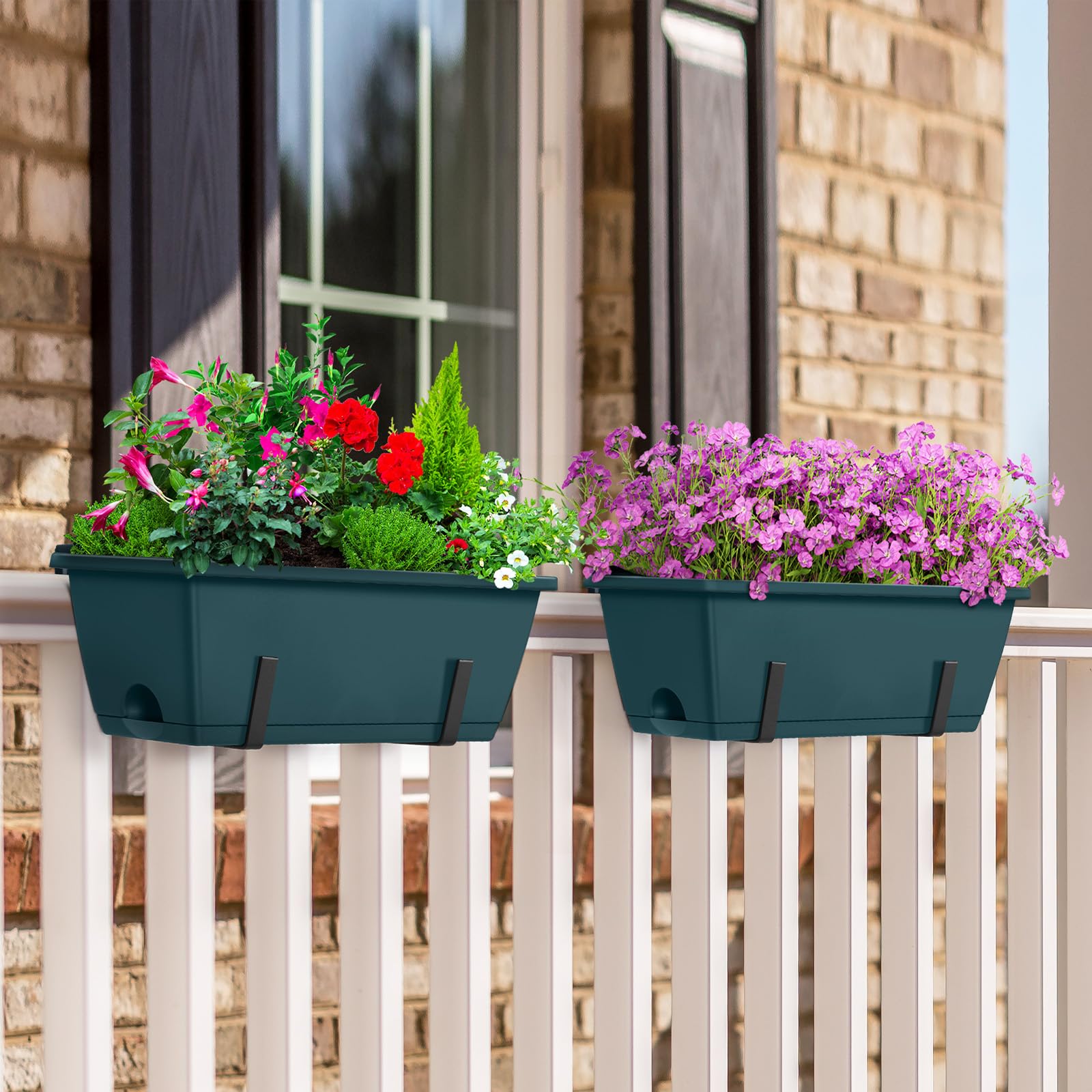 CADUKE window box assembly showing adjustable brackets for secure railing mounting