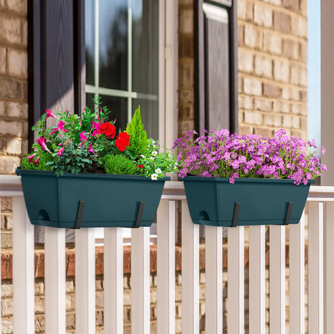 CADUKE window box assembly showing adjustable brackets for secure railing mounting