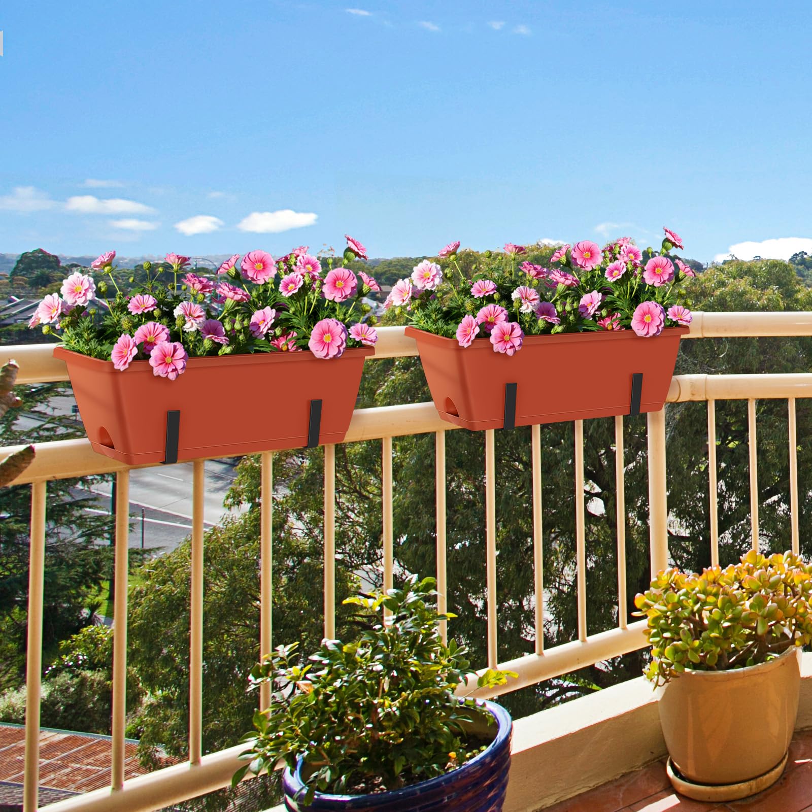 CADUKE hanging planter on railing saves floor space and adds color.