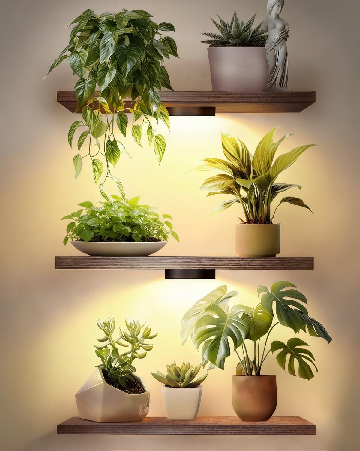 CaHomet rechargeable grow lights mounted beneath shelves for targeted plant illumination.