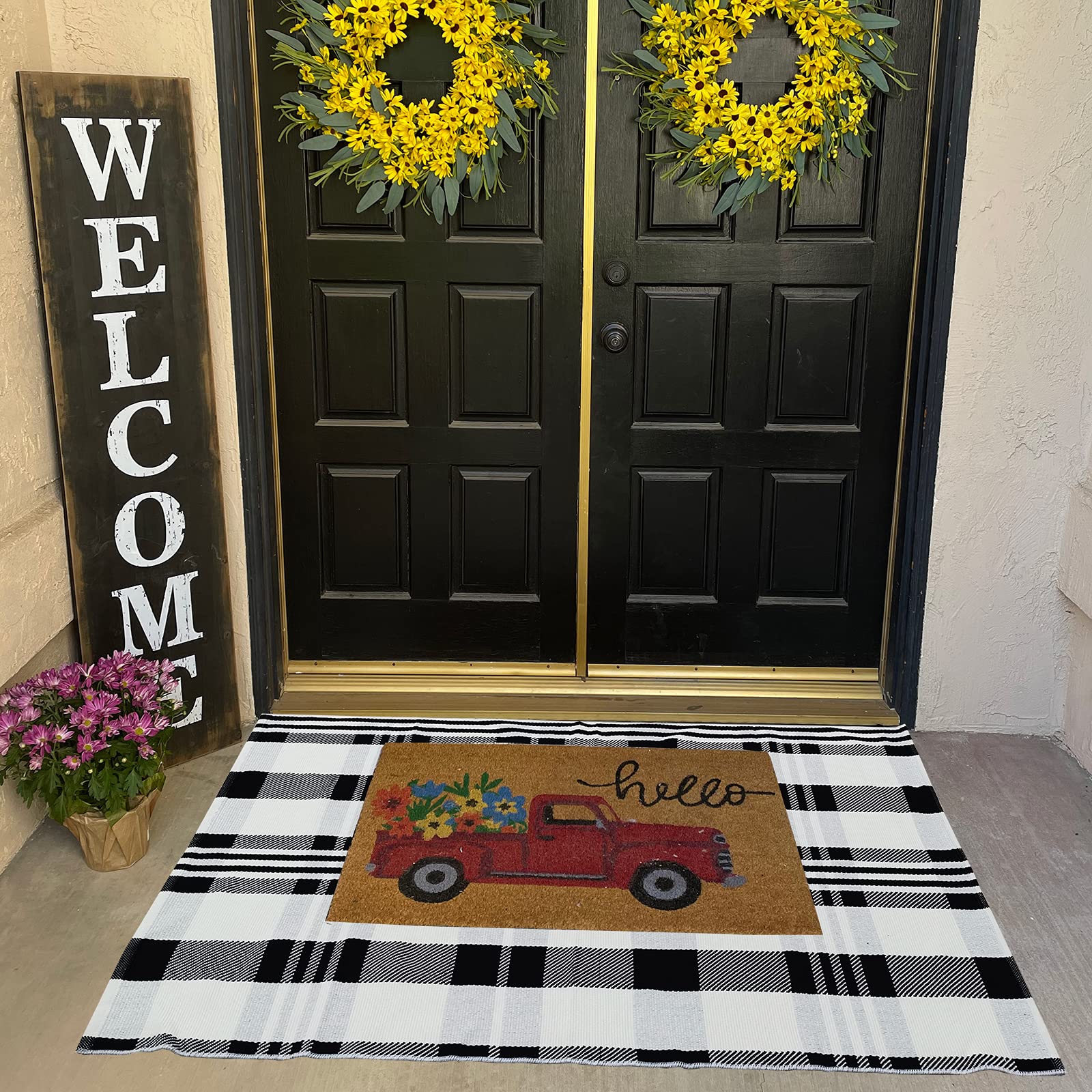 CAINANEL buffalo plaid outdoor rug entry-way creates warm welcome