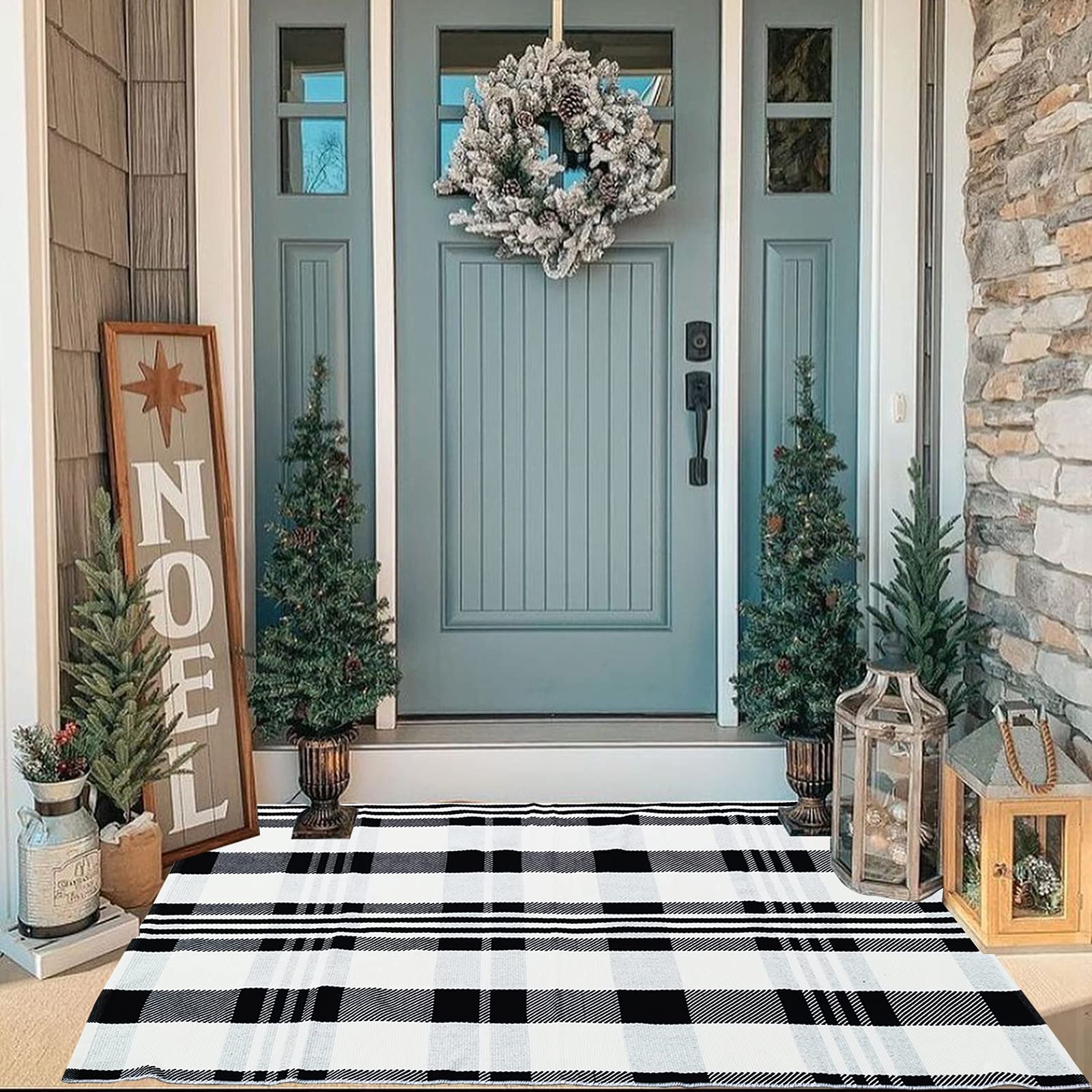 Seasonal porch styling with CAINANEL buffalo plaid outdoor rug
