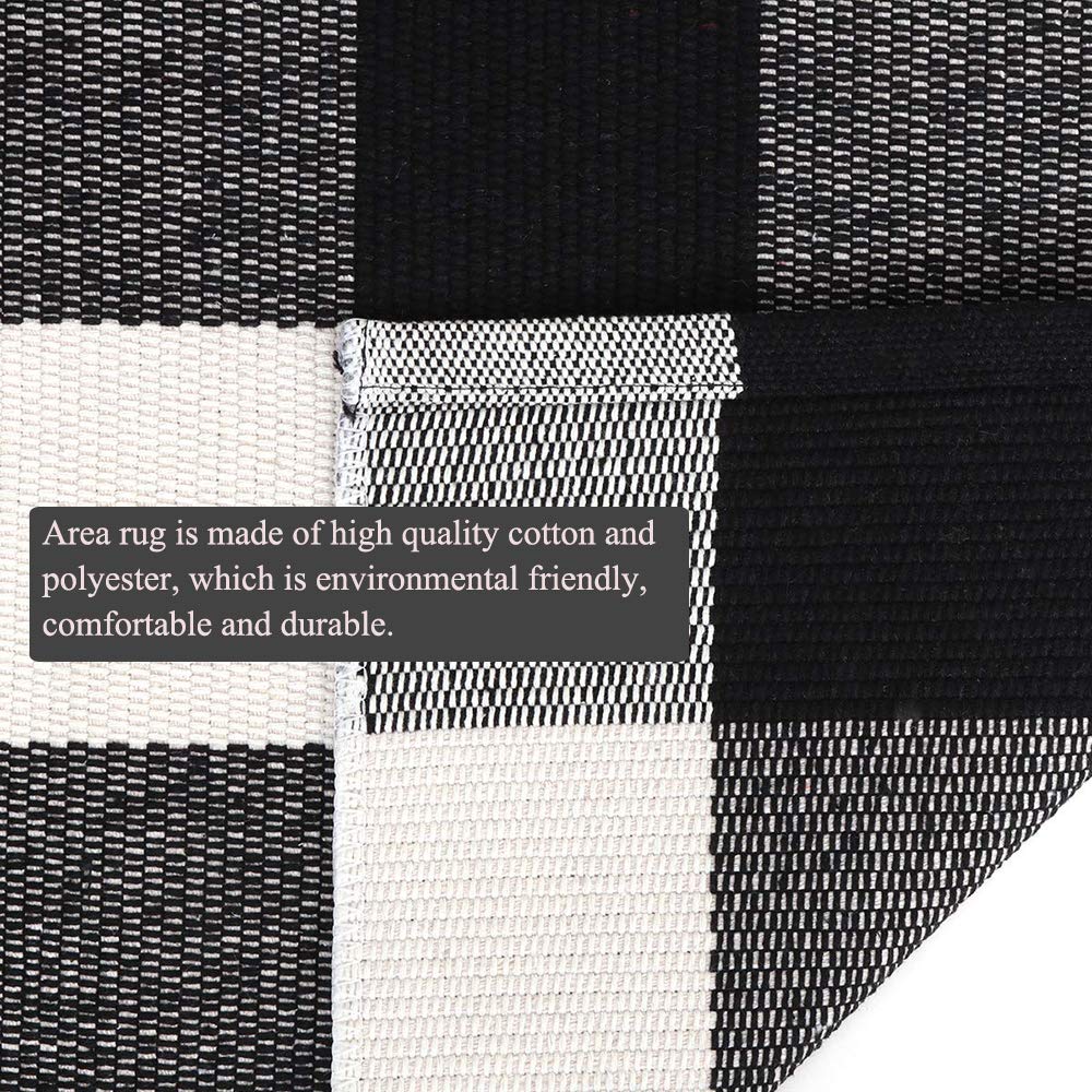 CAINANEL buffalo plaid rug texture close-up shows thick cotton weave.