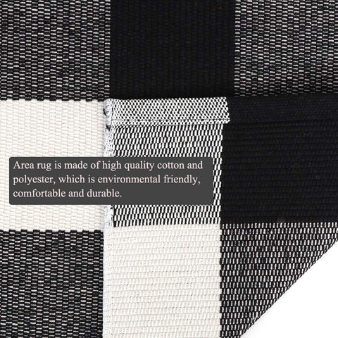 CAINANEL buffalo plaid rug texture close-up shows thick cotton weave.
