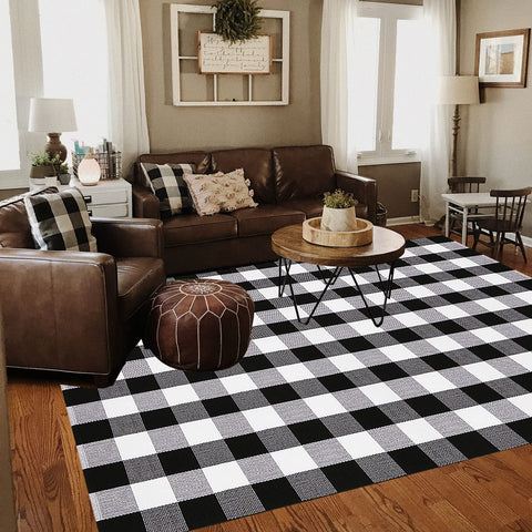 CAINANEL buffalo plaid rug living room setup adds cozy, durable texture.