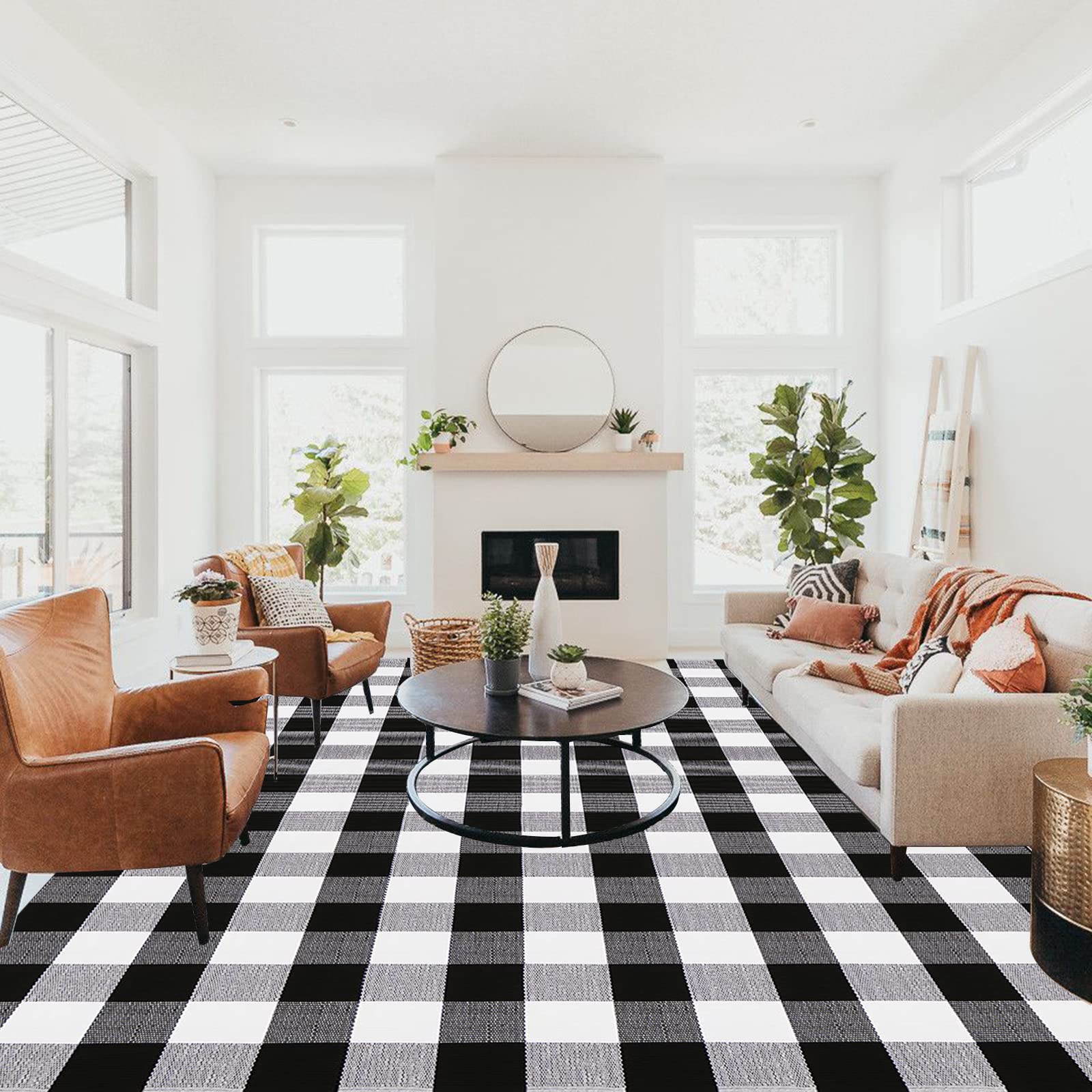 CAINANEL buffalo plaid rug outdoor porch scene blends charm with easy care.