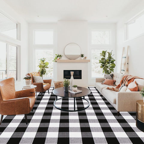 CAINANEL buffalo plaid rug outdoor porch scene blends charm with easy care.