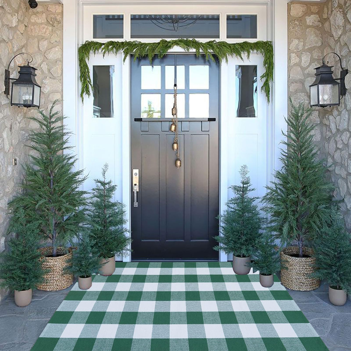 CAINANEL green and white buffalo plaid outdoor rug enhances entryway durability
