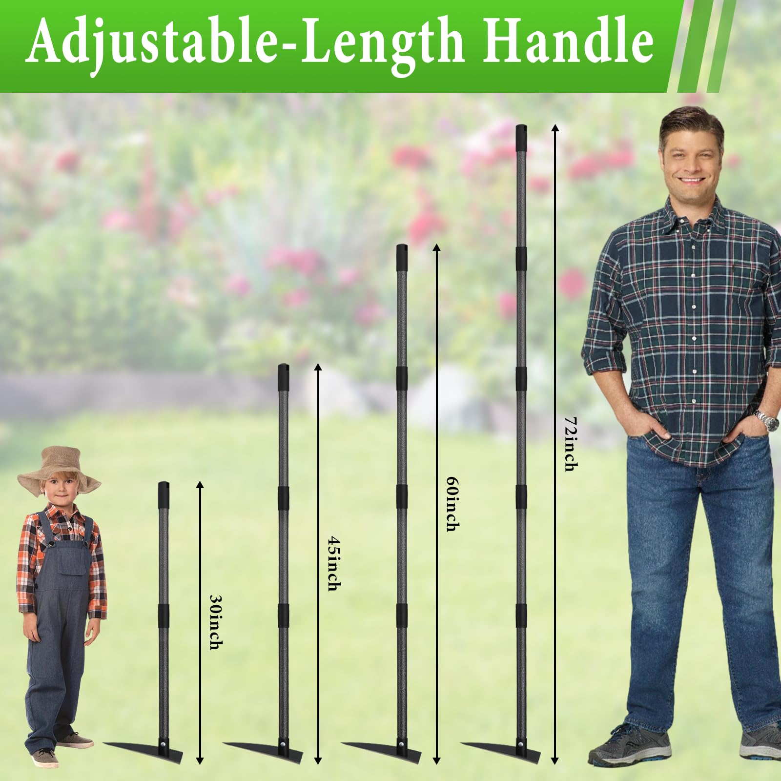 CALCHELE garden hoe adjustable length at 45 inches for reach and leverage.