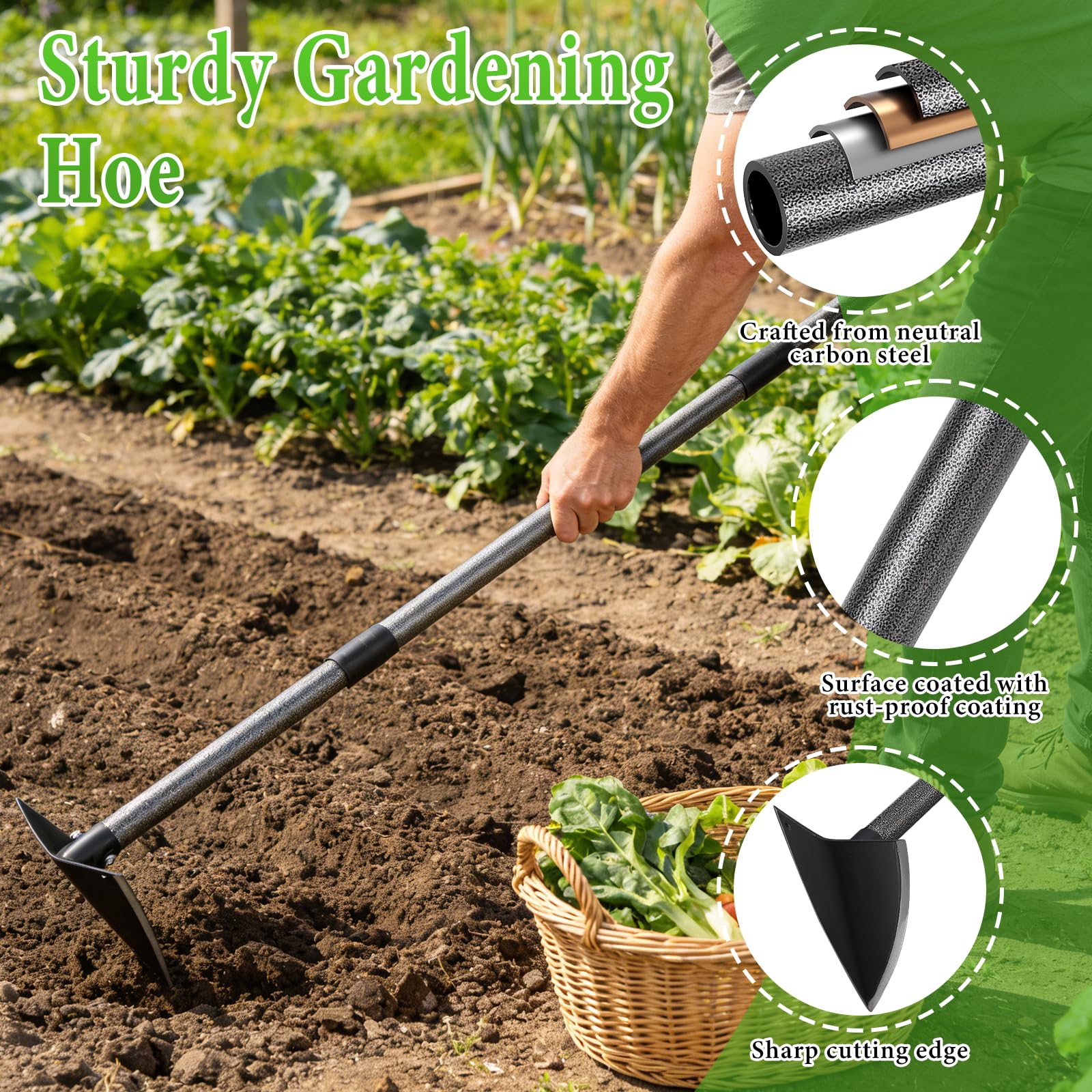 CALCHELE garden hoe shows 3-part portable design for quick transport.