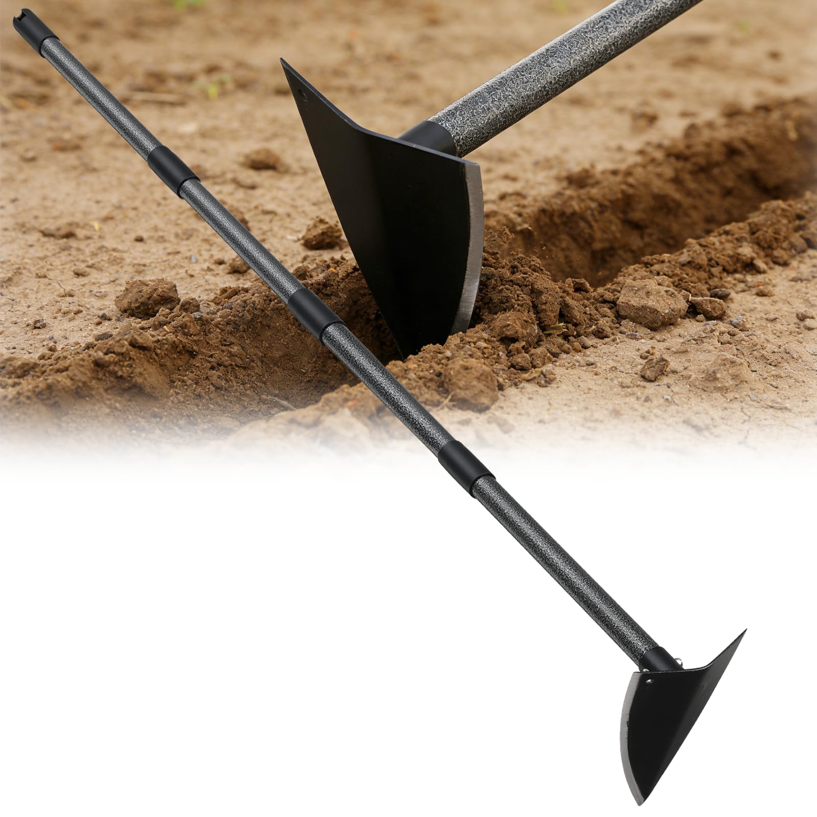 CALCHELE garden hoe with sharp triangular edge for easy soil penetration.