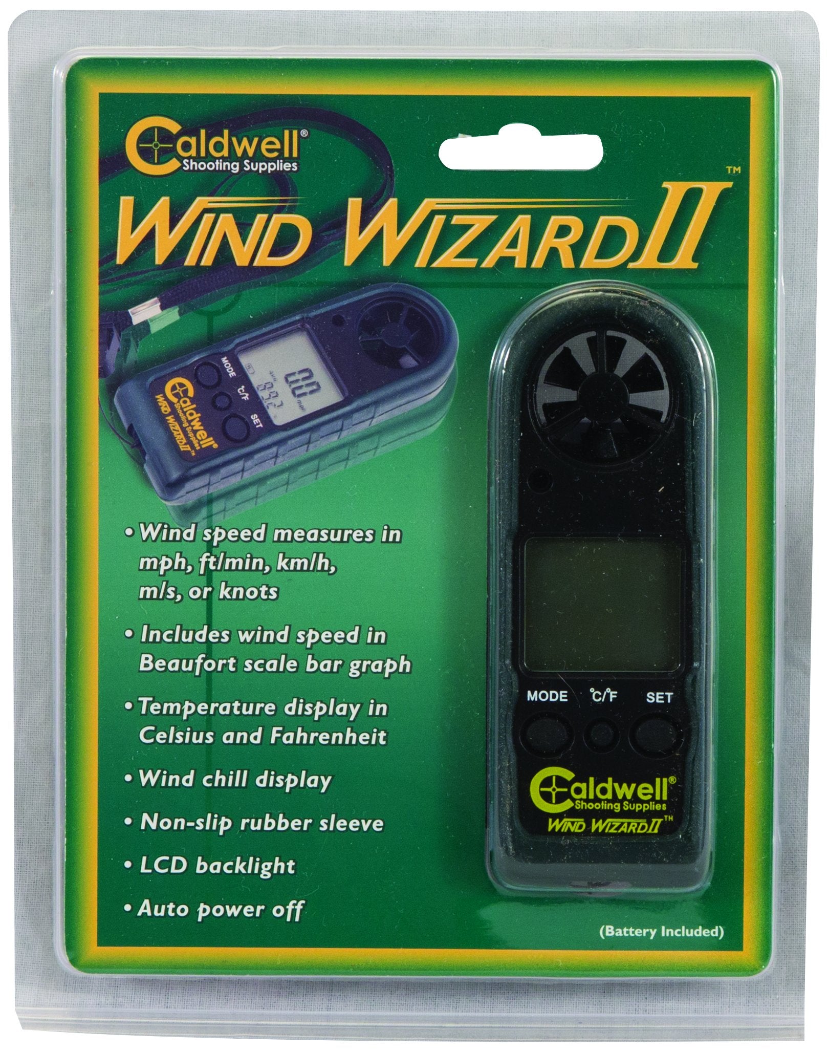 Caldwell Wind Wizard II LCD backlit display enables reading in low light.