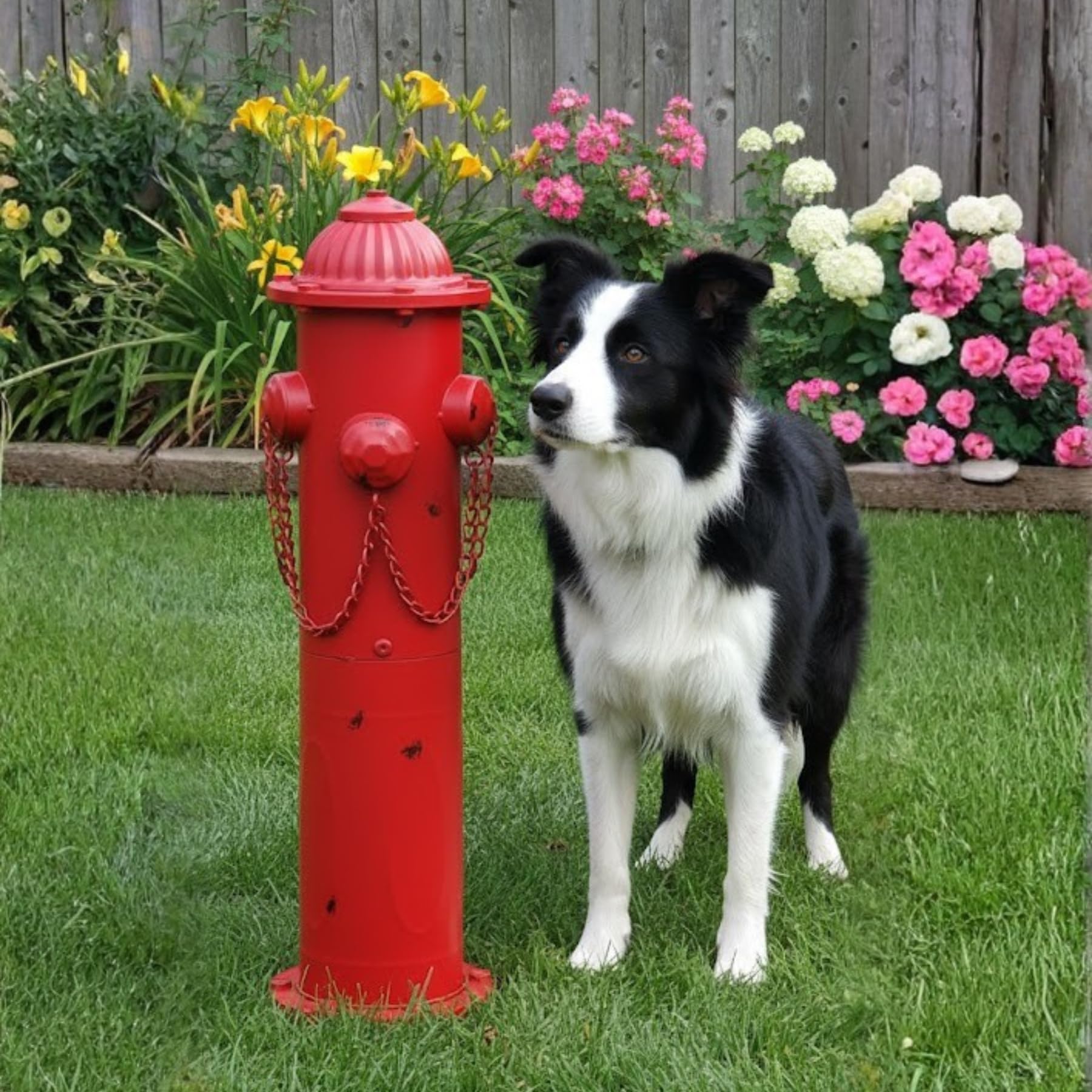 CaliDecor fire hydrant with ground stakes for secure backyard placement.