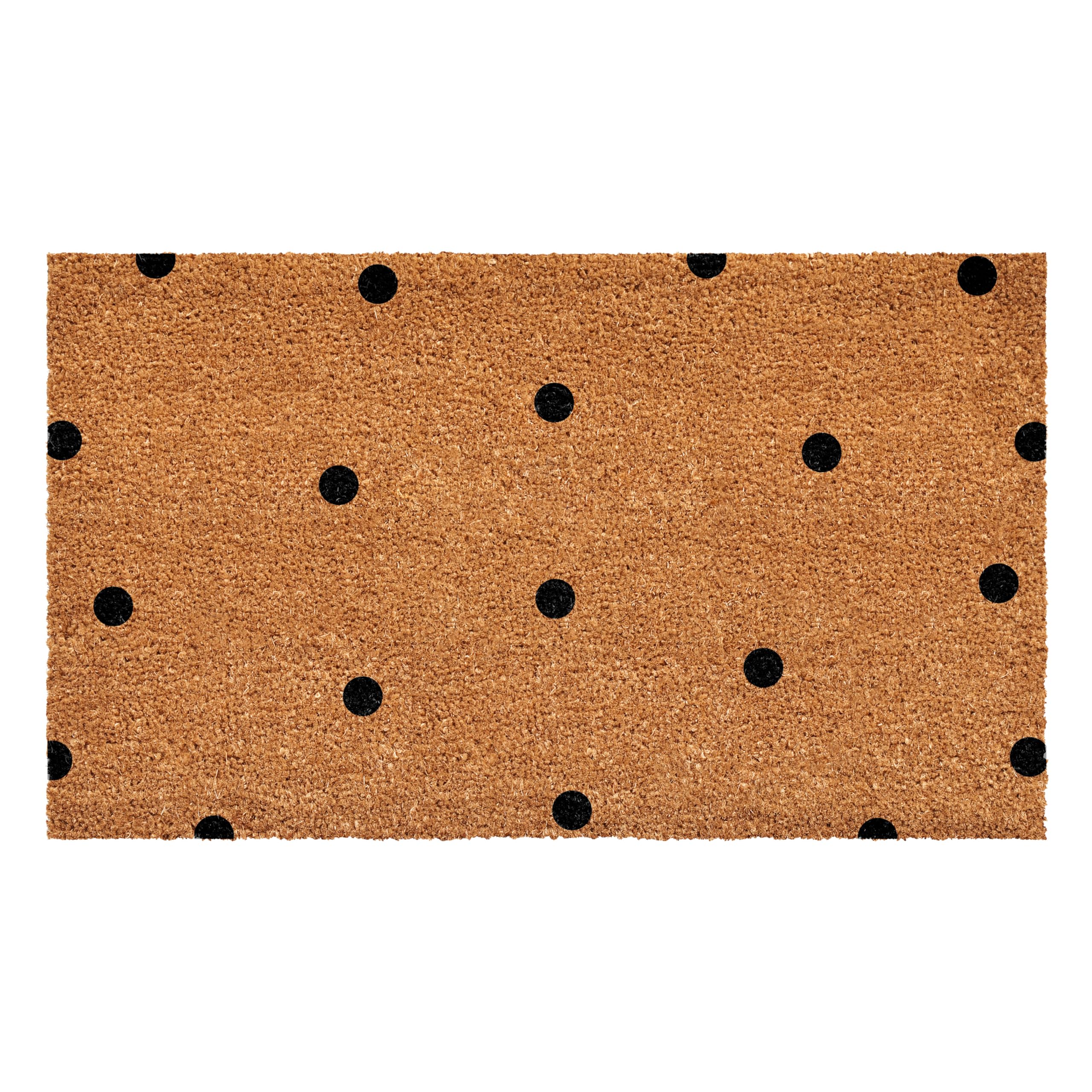 Calloway Mills black polka-dots doormat with coarse coir for dirt scraping at the entry.
