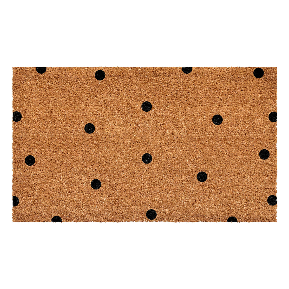 Calloway Mills black polka-dots doormat with coarse coir for dirt scraping at the entry.