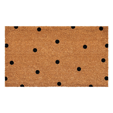 Calloway Mills black polka-dots doormat with coarse coir for dirt scraping at the entry.