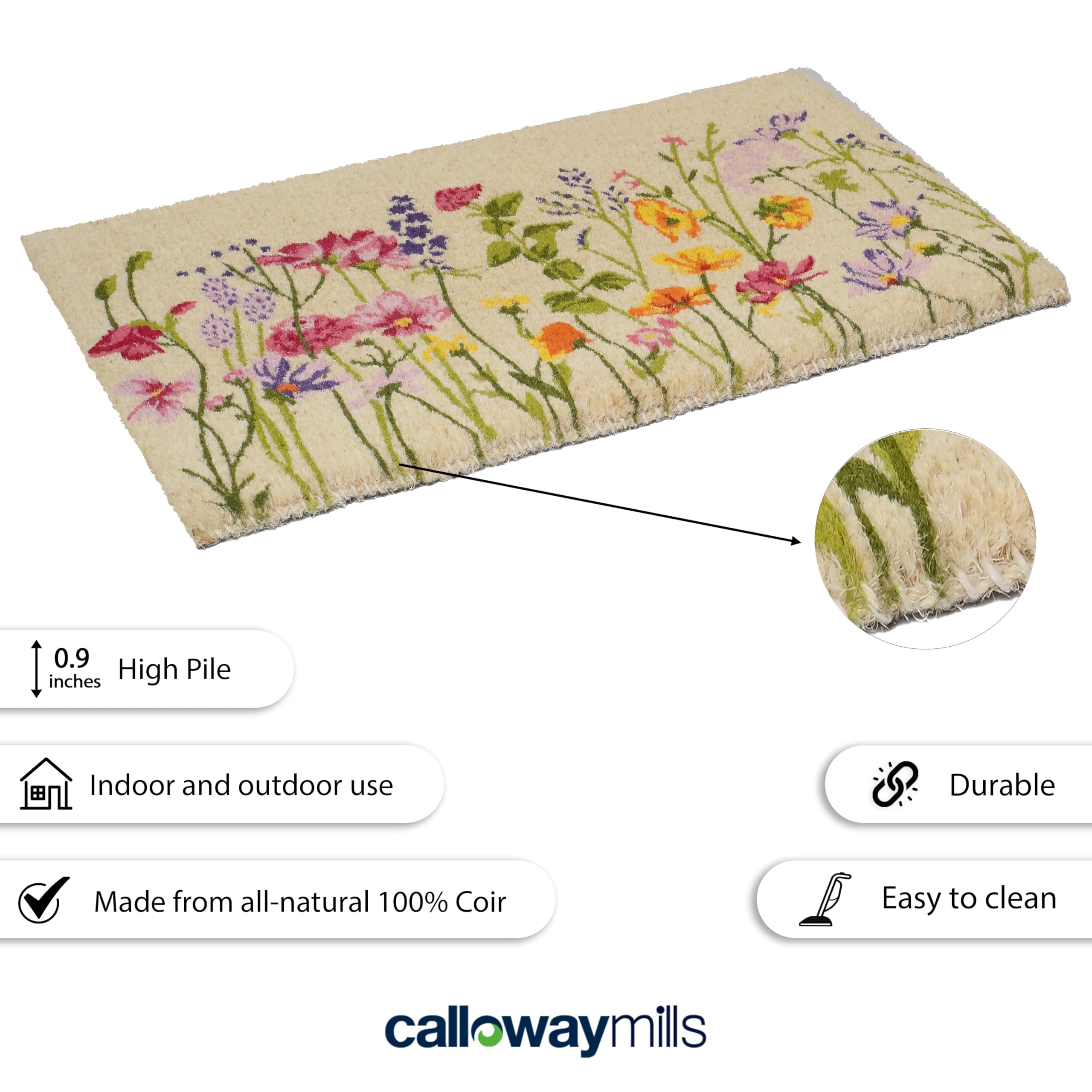 Calloway Mills Blooming Garden Doormat shows extra-thick construction for long-lasting use.