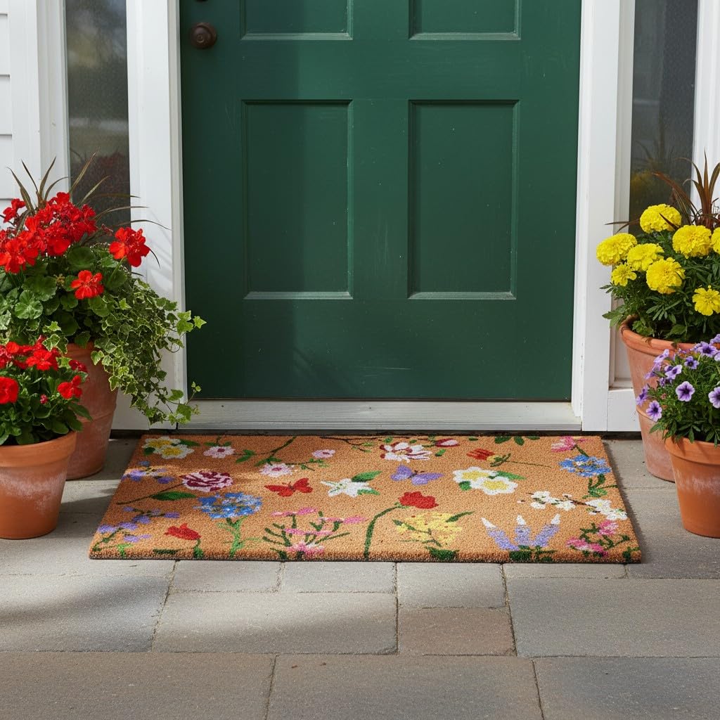 Calloway Mills Butterfly Garden Doormat with non-slip backing reduces movement.