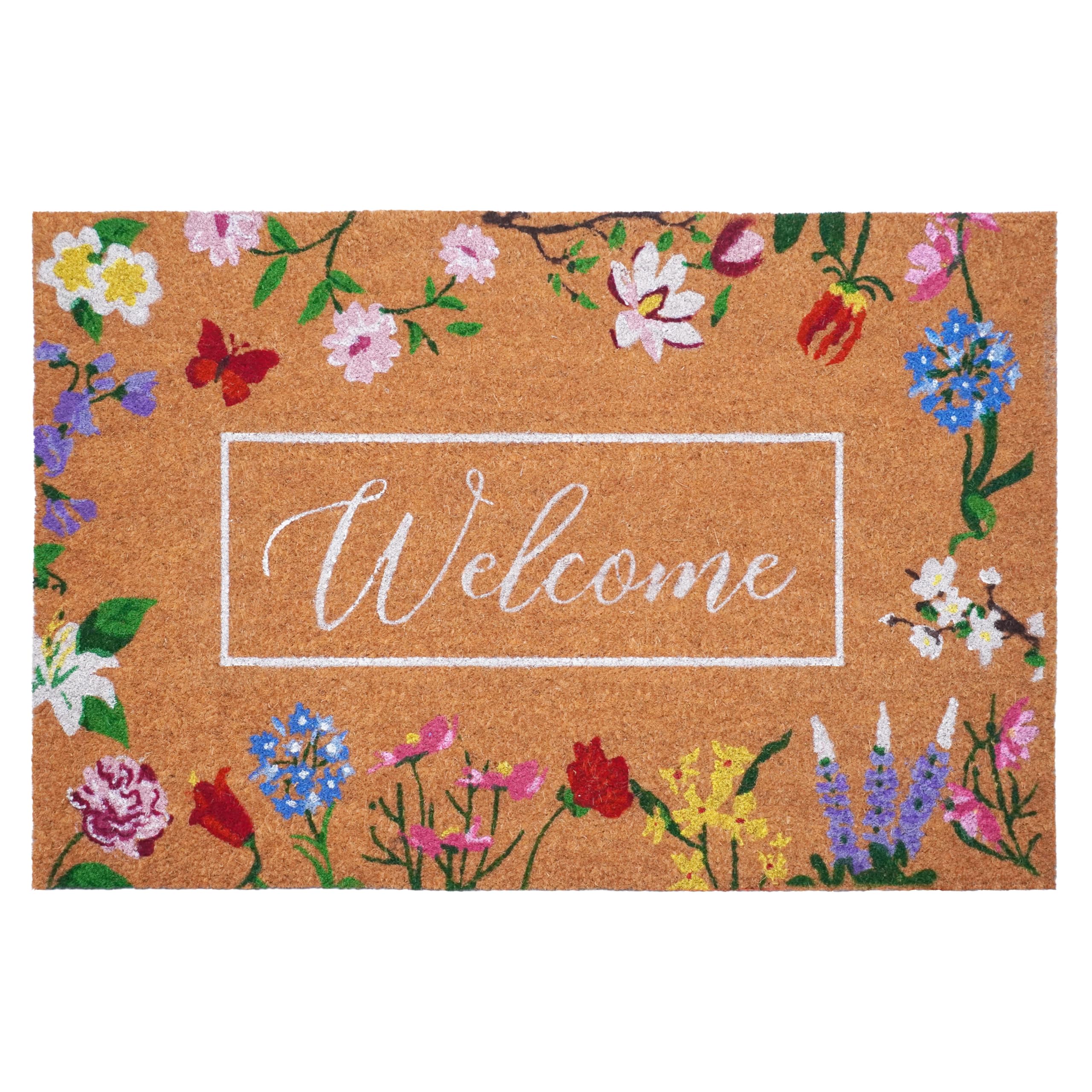 Calloway Mills Butterfly Garden welcome doormat with colorful blooms invites guests and reduces dirt.