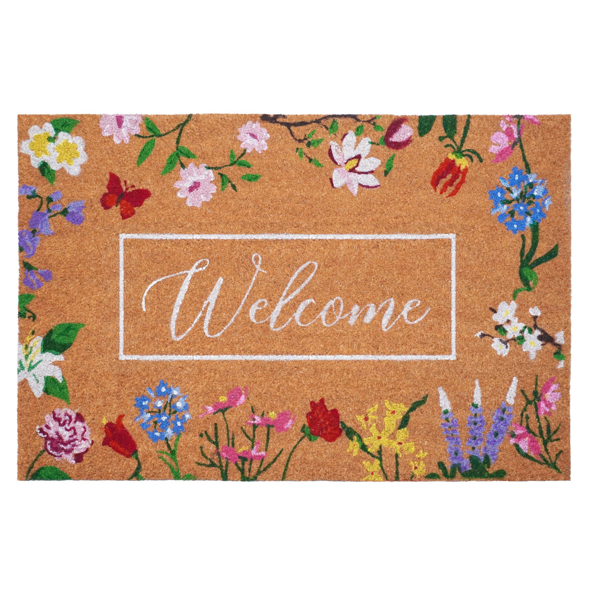 Calloway Mills Butterfly Garden welcome doormat with colorful blooms invites guests and reduces dirt.