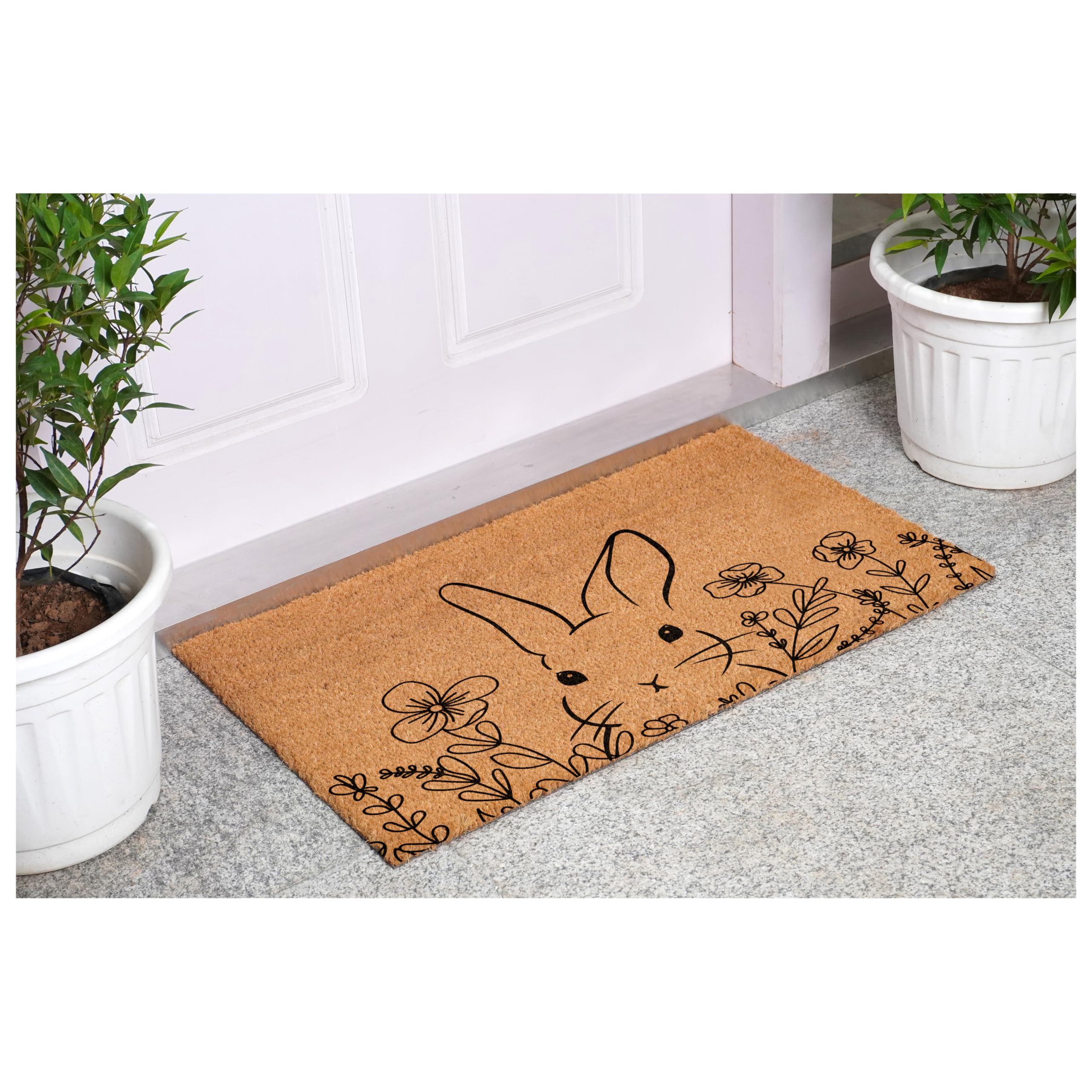 Calloway Mills Floral Bunny Doormat close-up on coir texture for durable scraping.