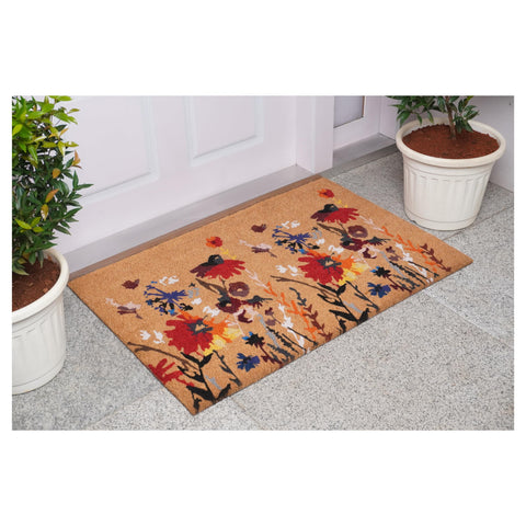 Calloway Mills floral doormat for indoor outdoor use with vinyl backing.