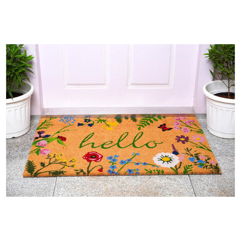 Calloway Mills Floral Hello Doormat closeup on coir texture indicating rugged durability.