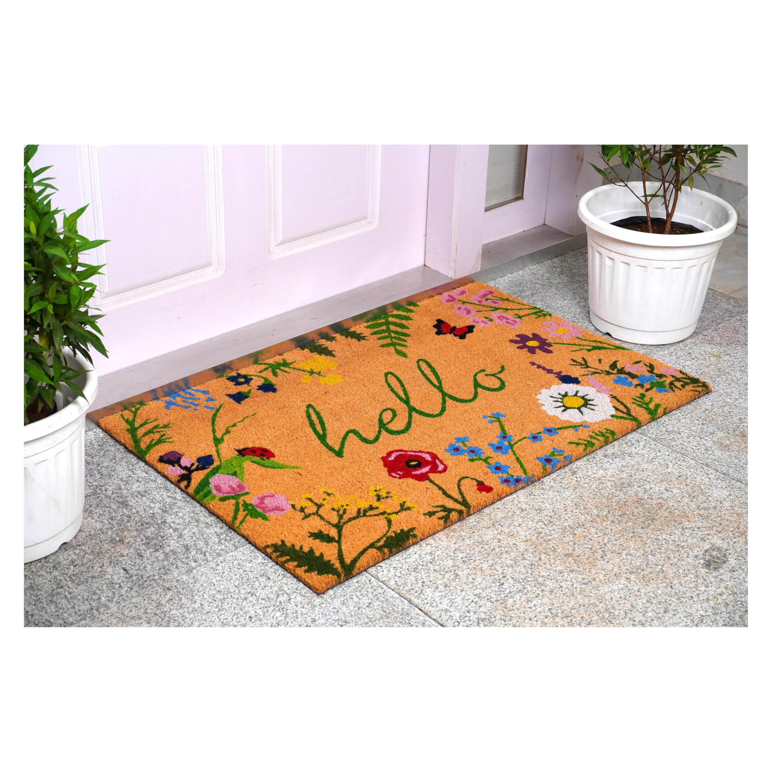 Calloway Mills Floral Hello Doormat pattern detail shows vibrant petals for a cheerful entry.