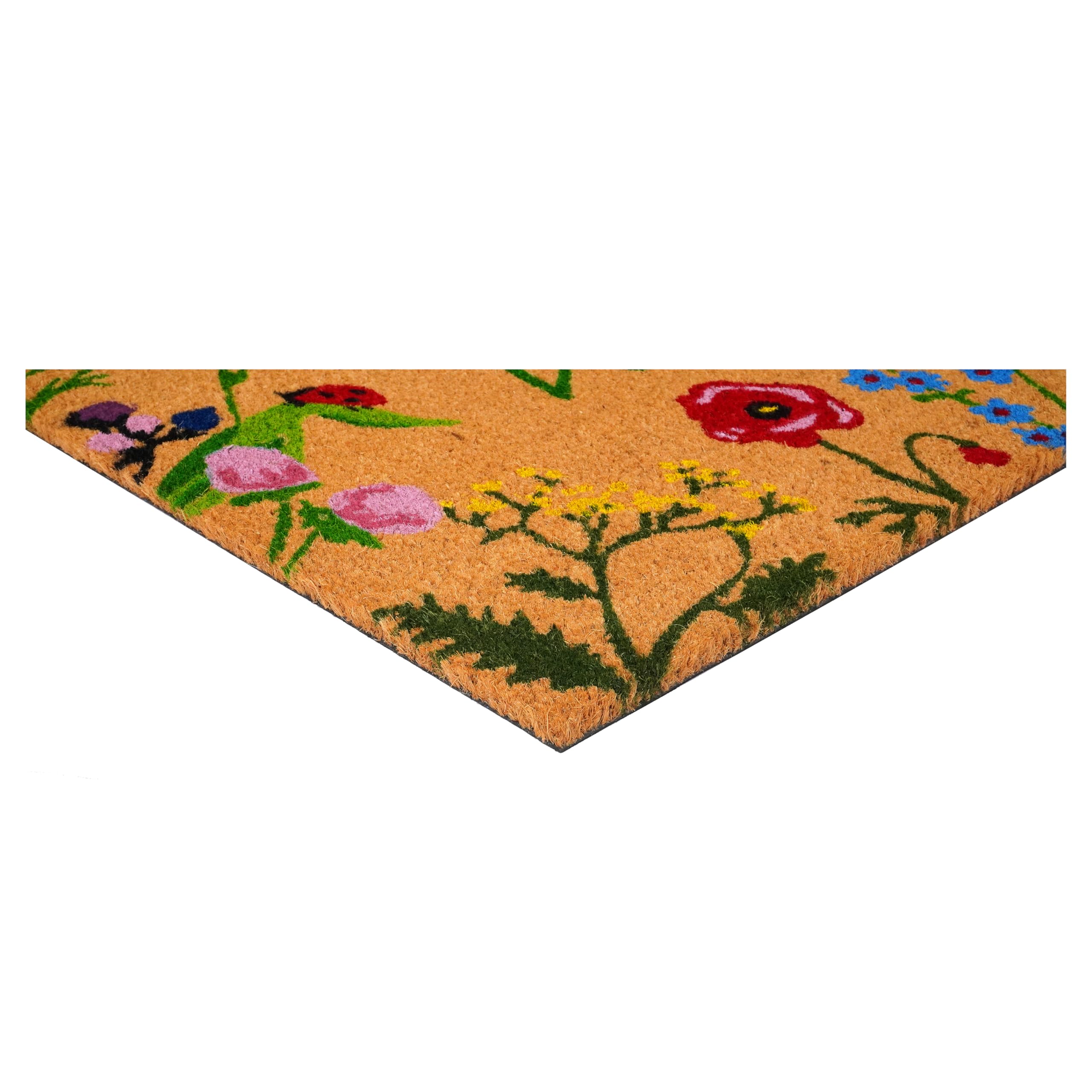 Calloway Mills Floral Hello Doormat vinyl back prevents movement for a stable entry.