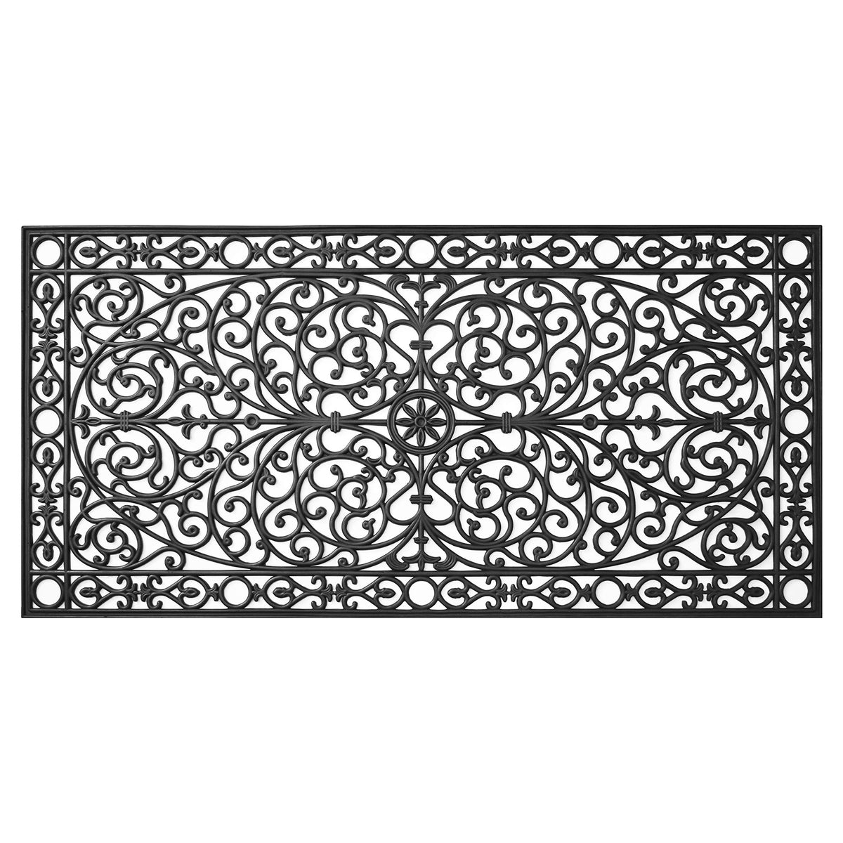 Calloway Mills Gatsby rubber doormat with iron-scroll pattern for durable outdoor use.