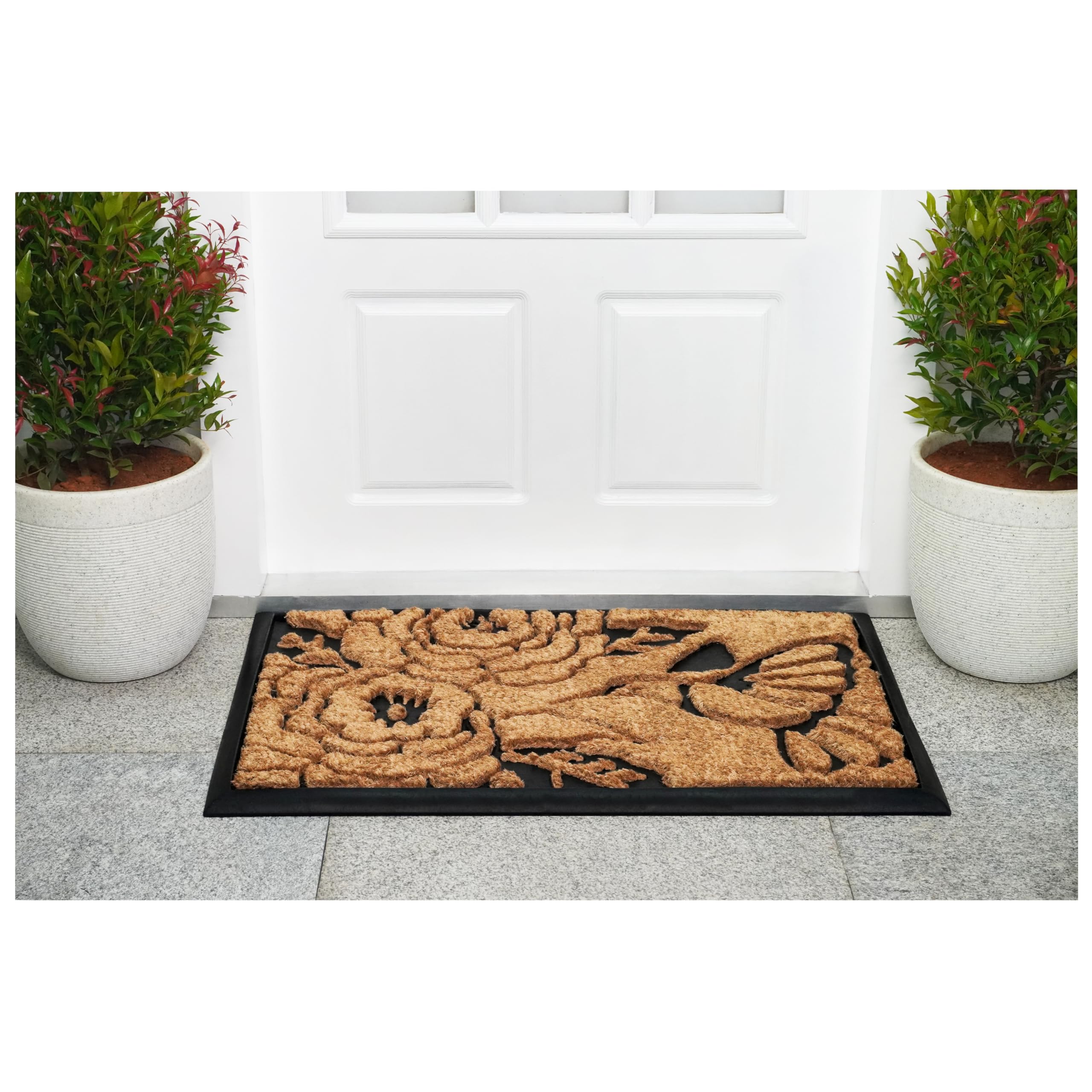 Calloway Mills Hummingbird Haven doormat measures 24 by 36 inches for generous coverage.