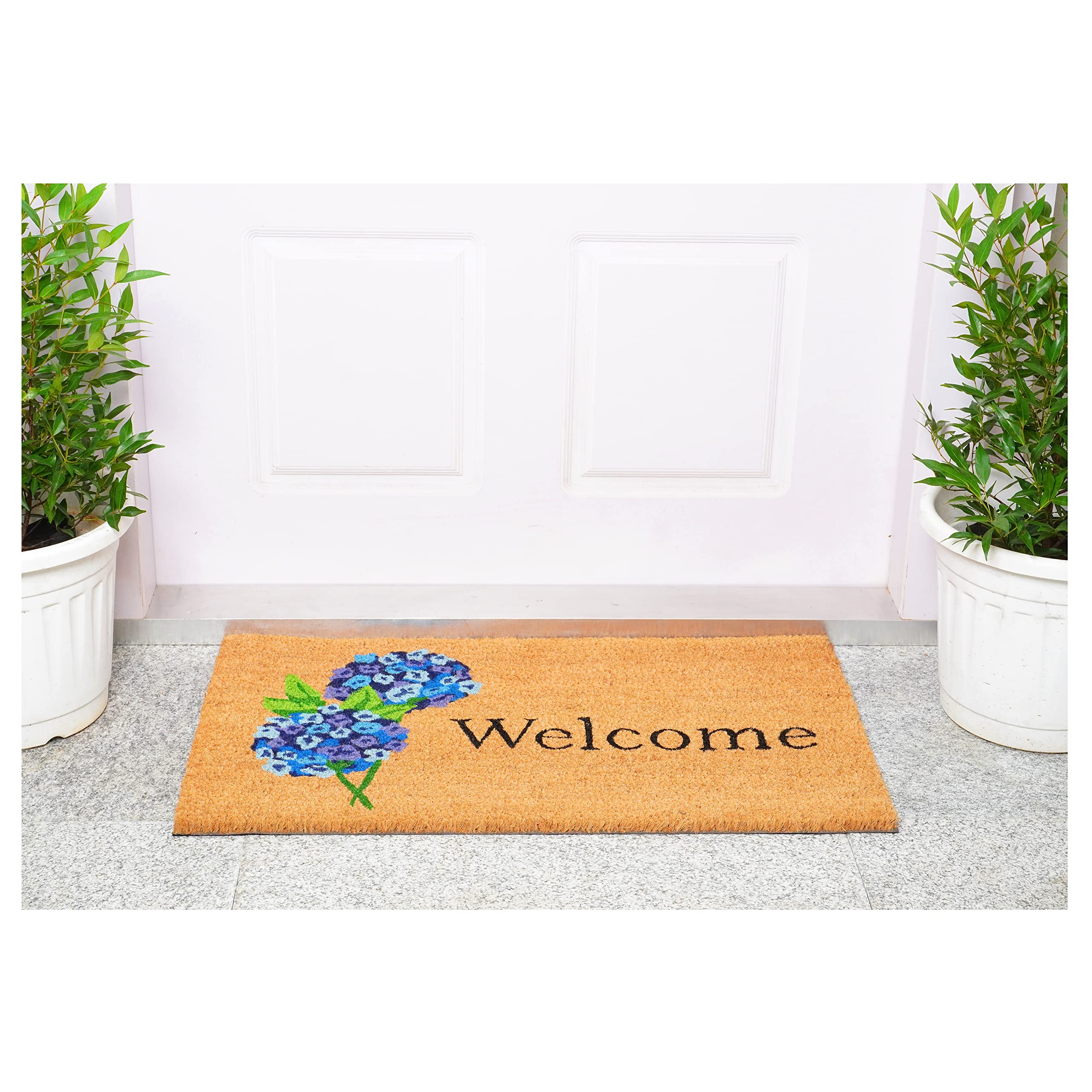 Calloway Mills Hydrangea Welcome Doormat vinyl backing in action preventing movement