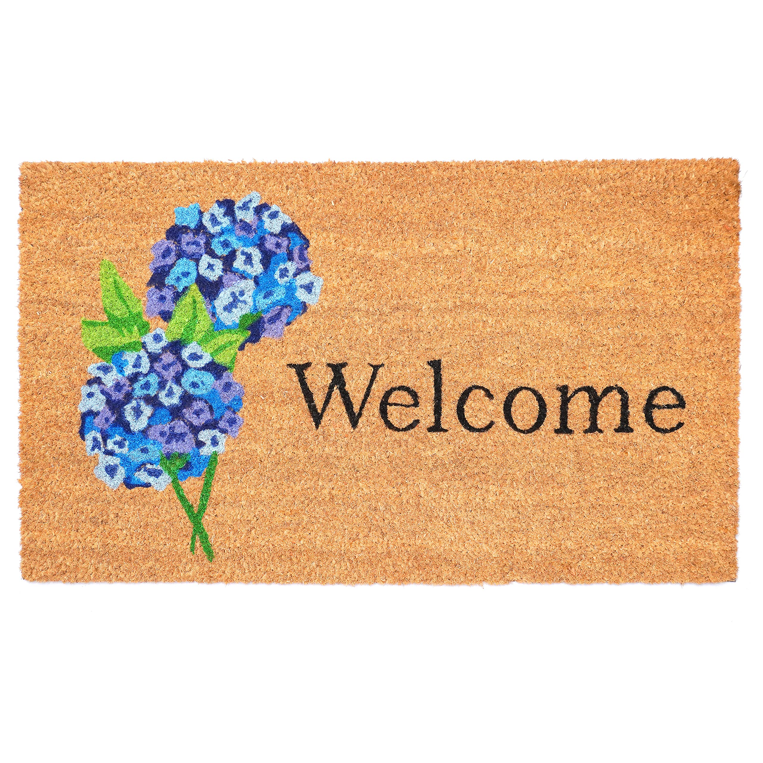 Calloway Mills Hydrangea Welcome Doormat front view with lush hydrangea print ideal for moisture wiping