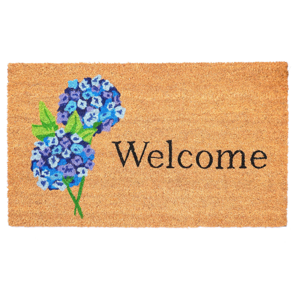 Calloway Mills Hydrangea Welcome Doormat front view with lush hydrangea print ideal for moisture wiping