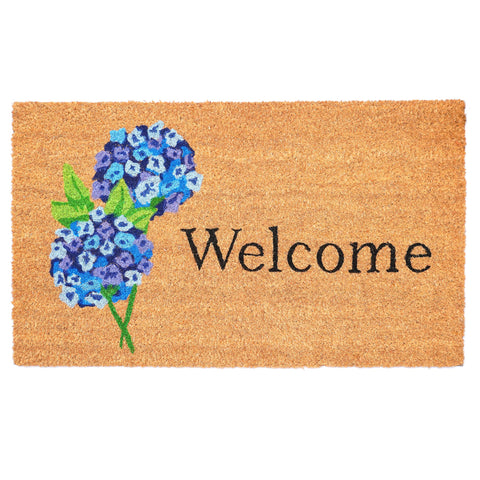 Calloway Mills Hydrangea Welcome Doormat front view with lush hydrangea print ideal for moisture wiping
