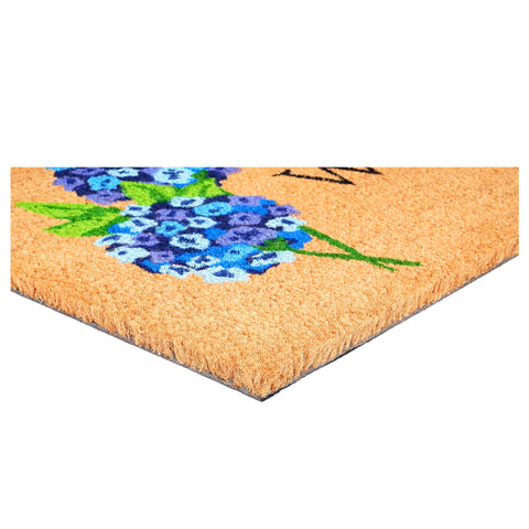 Calloway Mills Hydrangea Welcome Doormat laid on porch showing all season durability