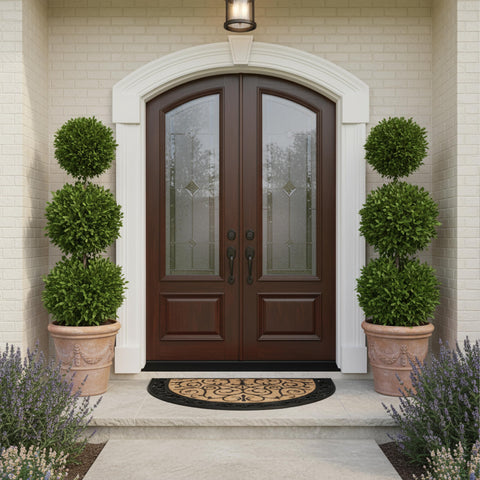 Calloway Mills Ornate Scroll Doormat—coir center scrapes shoes before entry.