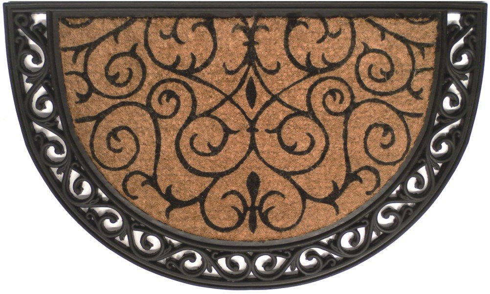 Calloway Mills Ornate Scroll Doormat—front entrance view with natural coir scraper for shoes.