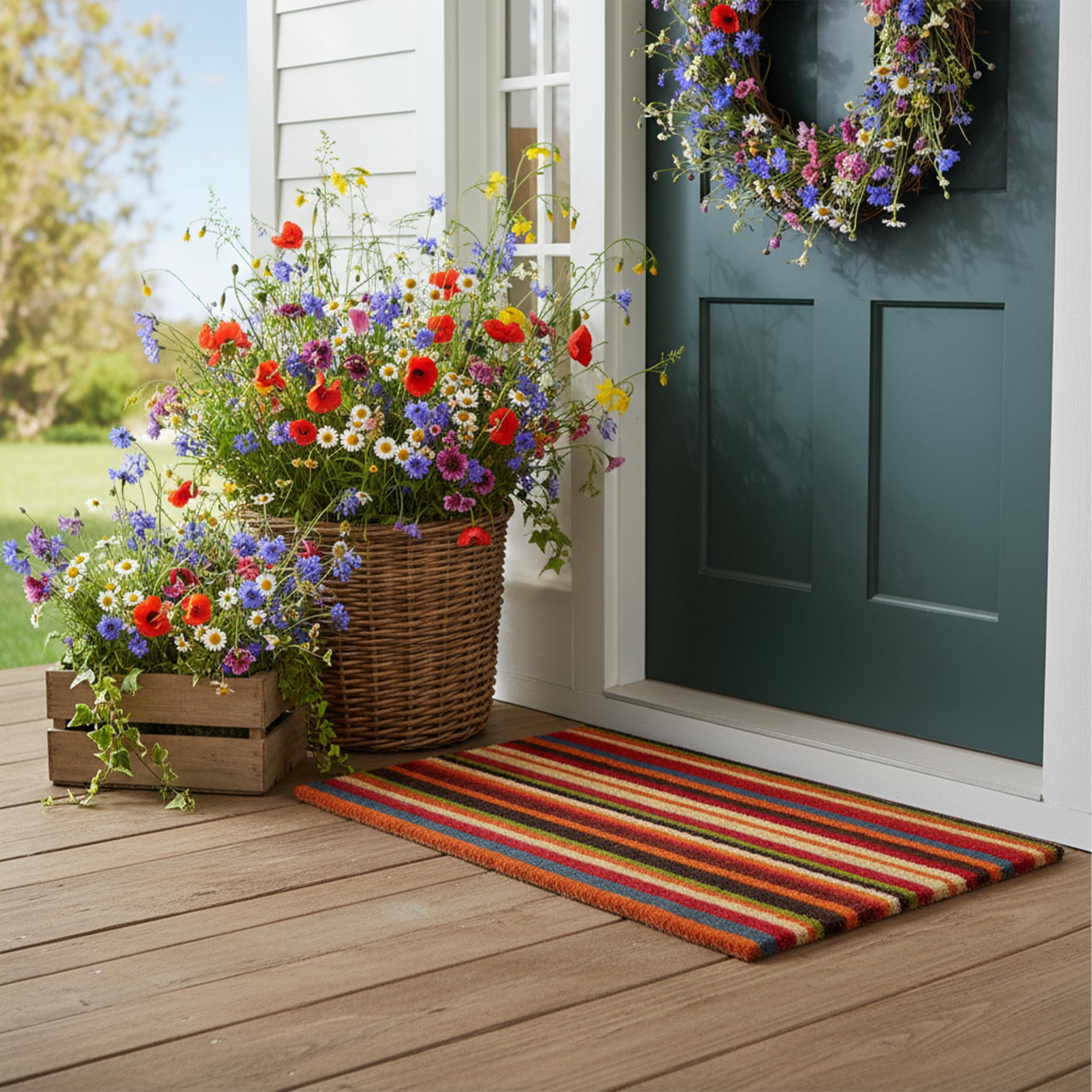 Calloway Mills Palisades Stripe Doormat entrance view shows durable coir fibers for daily scrapes.