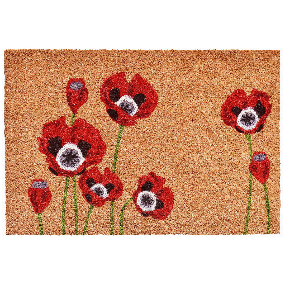 Calloway Mills Red Poppies doormat front view showing durable coir that scrapes dirt