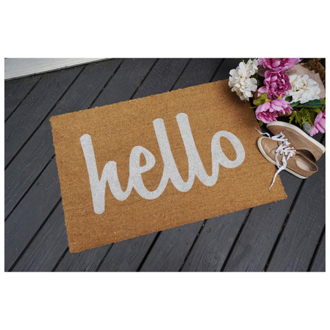 Calloway Mills Script Hello Doormat coir texture close-up shows dense fibers capturing dirt