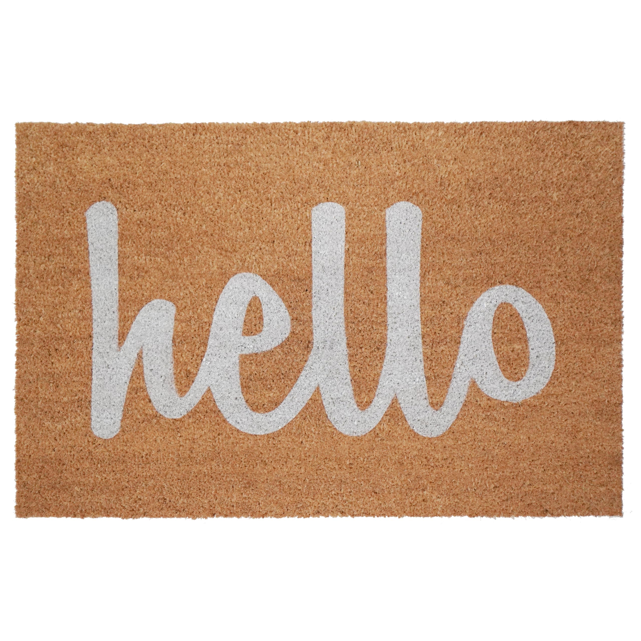 Calloway Mills Script Hello Doormat front view in off-white; durable coir for effective shoe scraping