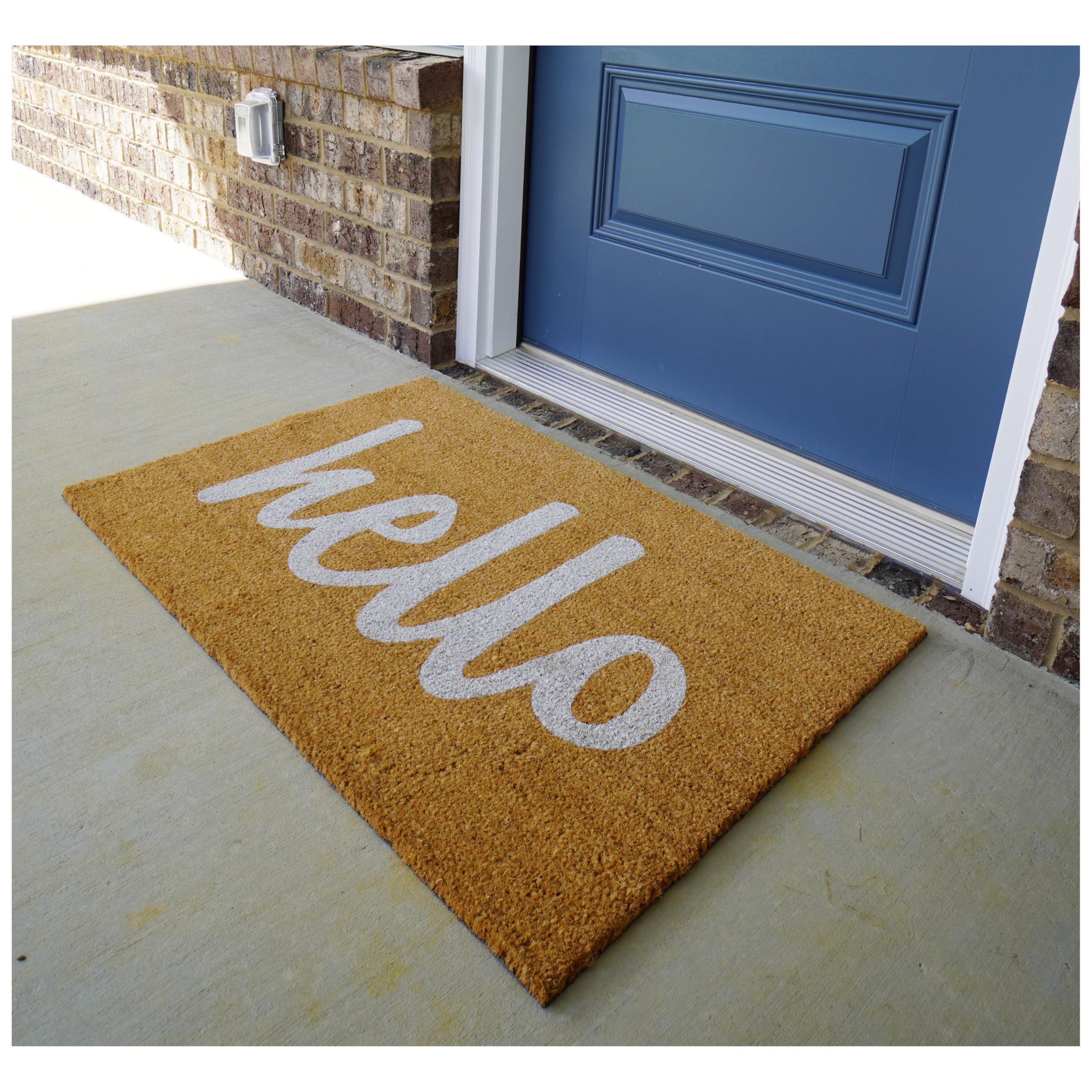 Calloway Mills Script Hello Doormat care instructions suggest vacuuming or light rinsing for refresh