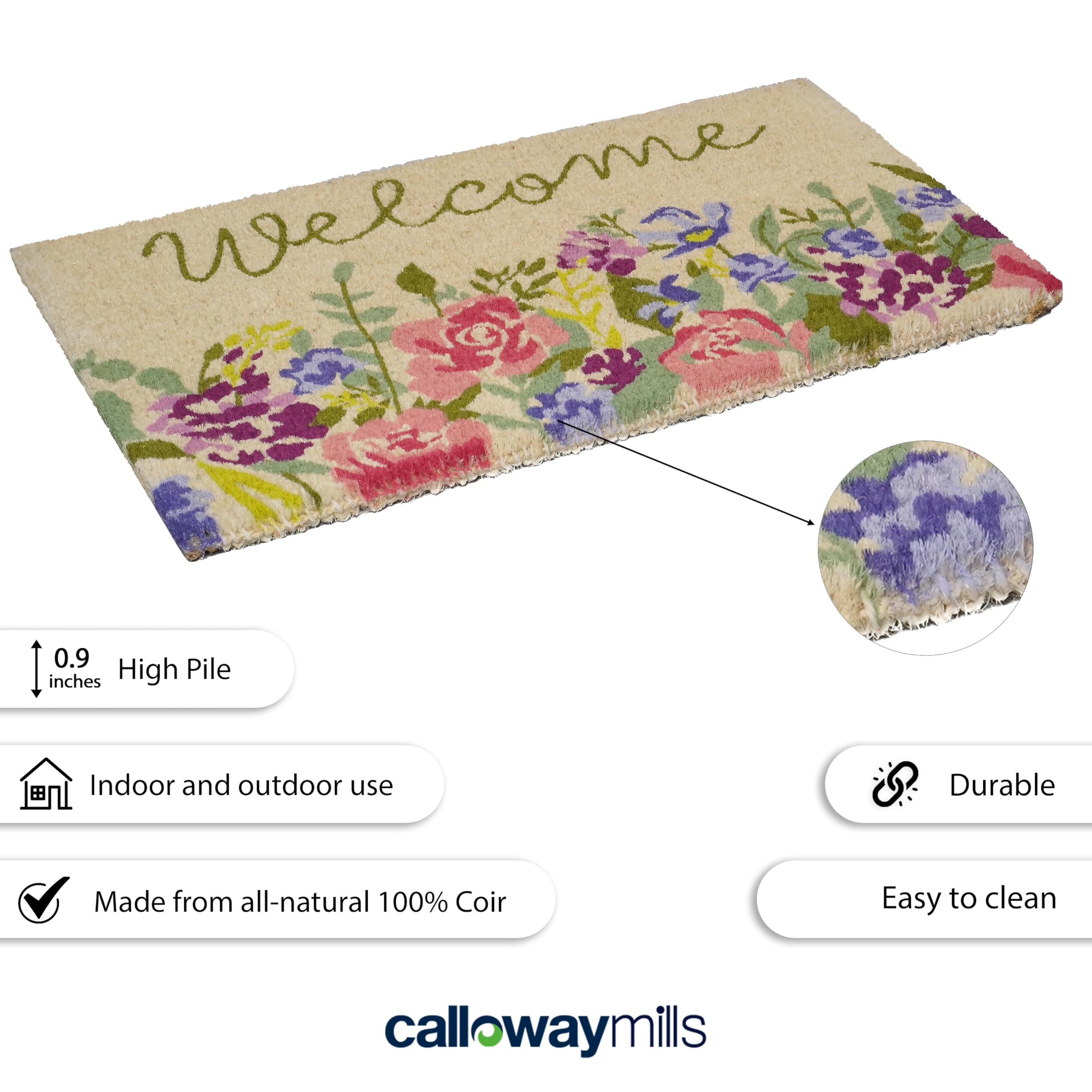 Calloway Mills Welcome Floral Doormat 24x36 dimension shown on a doorstep