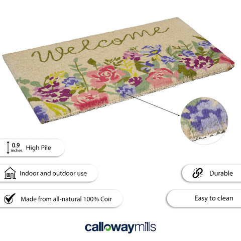 Calloway Mills Welcome Floral Doormat 24x36 dimension shown on a doorstep