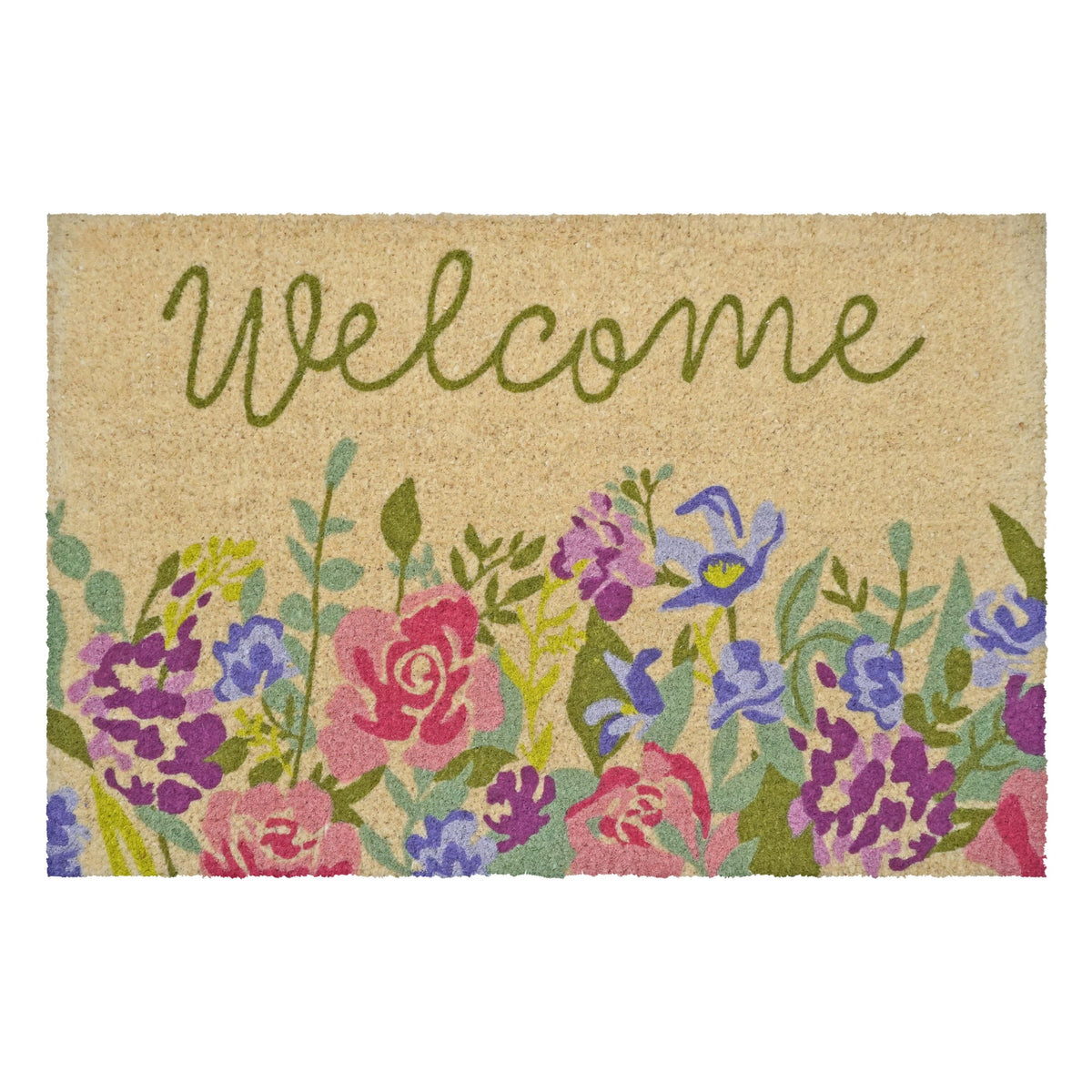 Calloway Mills Welcome Floral Doormat front view showing durable coir that scrapes dirt