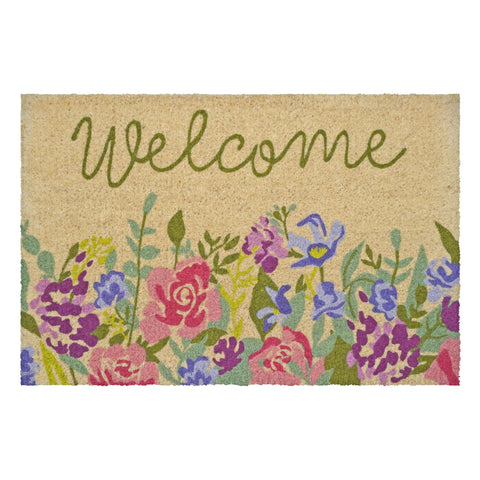Calloway Mills Welcome Floral Doormat front view showing durable coir that scrapes dirt